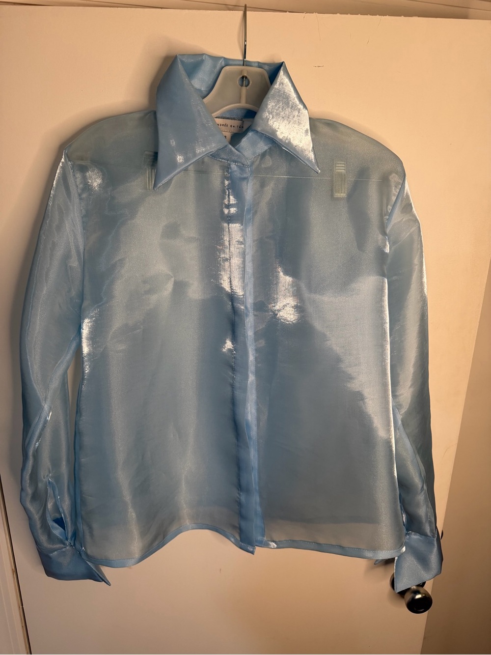 Women's Sheer Light Blue Blouse with Point Collar